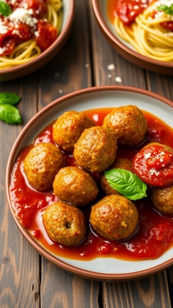 Savory quinoa meatballs in marinara sauce garnished with basil, served with spaghetti on a rustic table.